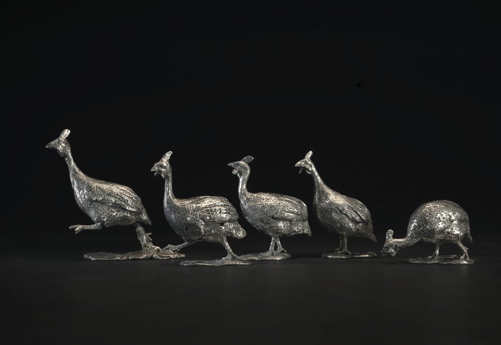 Guinea Fowl sculptures in silver