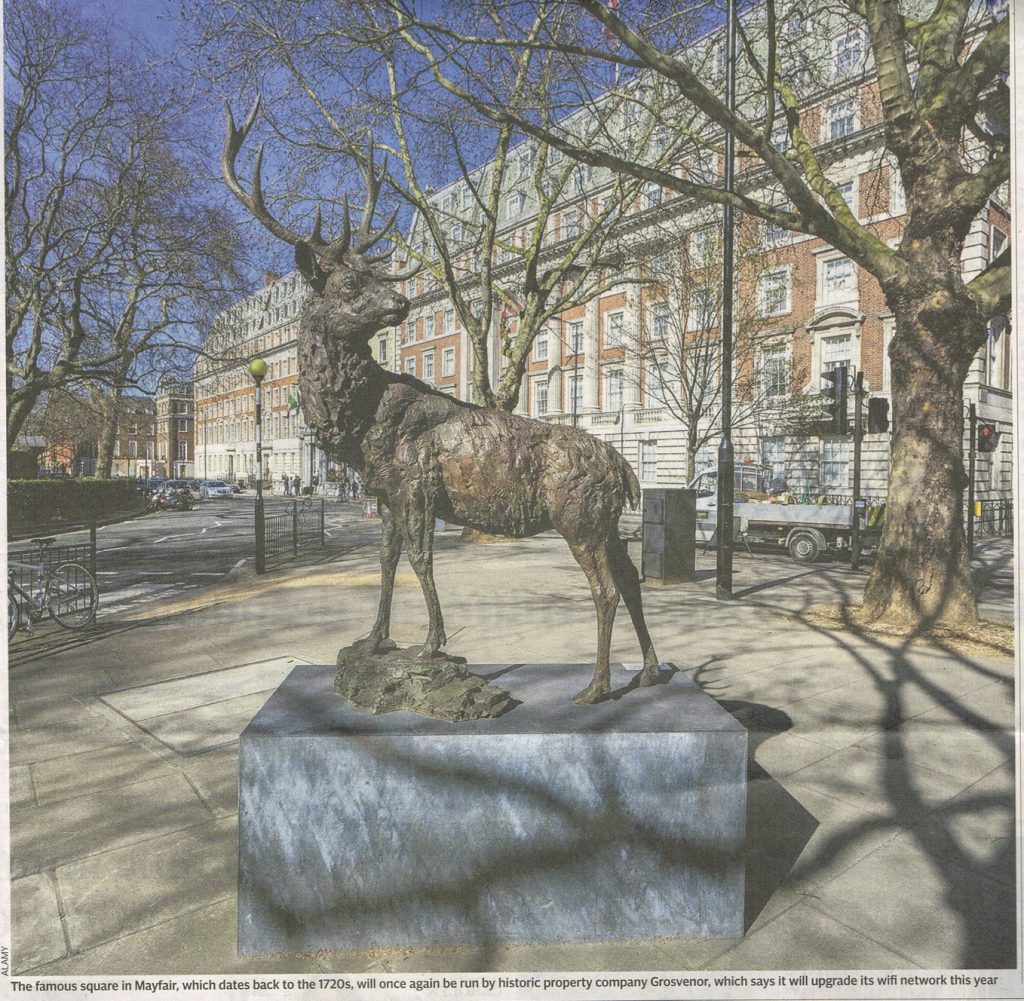 Hamish Mackie's life size stag on a plinth in London's Grosvenor Square.