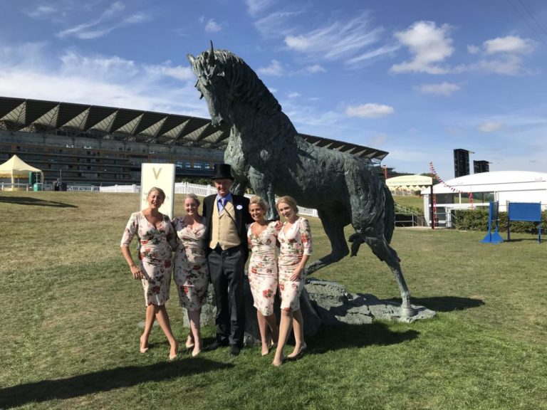 Hamish and friends by horse sculpture at Royal Ascot