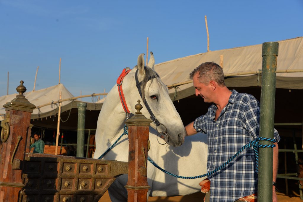 Hamish with Andalucian stallion in Spain