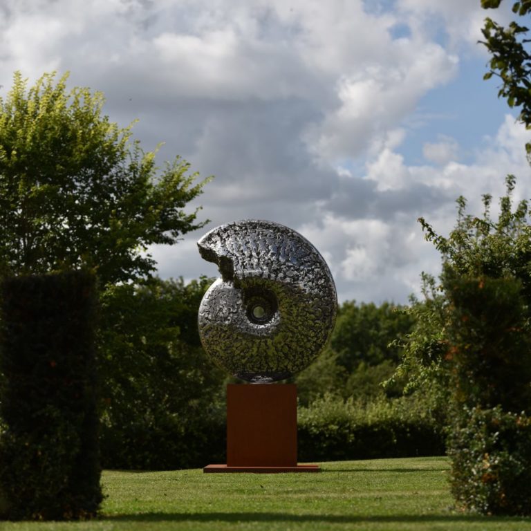 stainless steel ammonite sculpture ready for virtual RHS Chelsea flower show