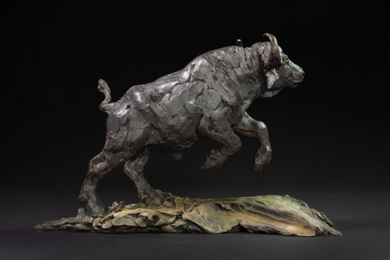 bronze Mackie sculpture of Cape buffalo