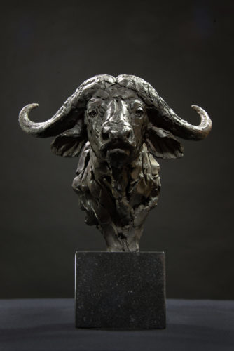Cape buffalo head sculpture