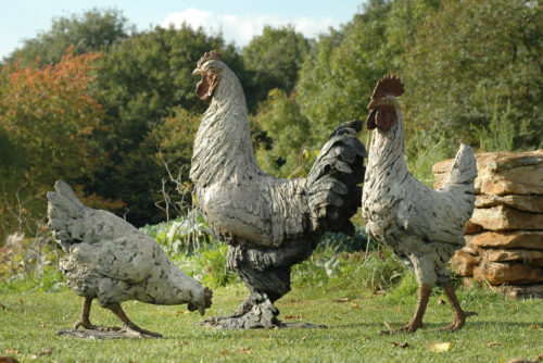 three chicken sculptures by Hamish Mackie