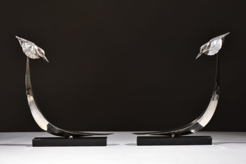pair of silver kingfisher sculptures