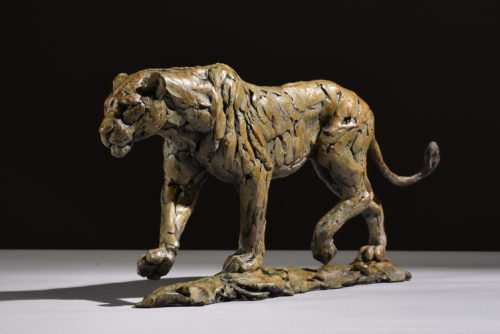 Lioness walking sculpture in bronze