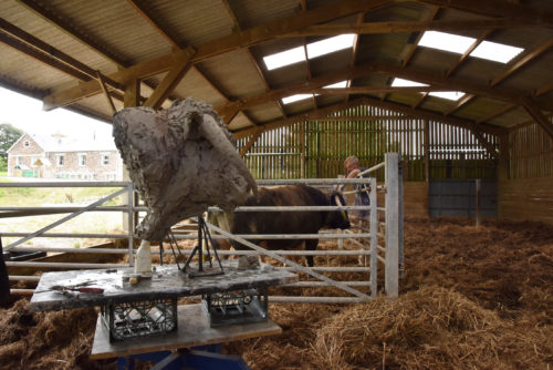 Hamish with Longhorn Bull and sculpture of its head