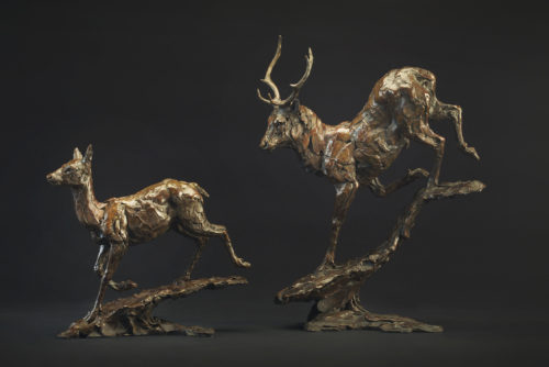 red deer hind and stag in bronze
