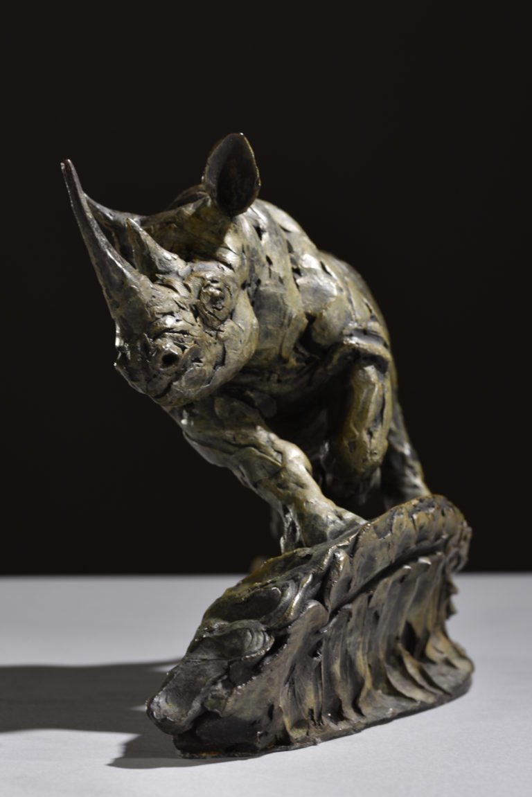 bronze sculpture of black rhino by Hamish Mackie