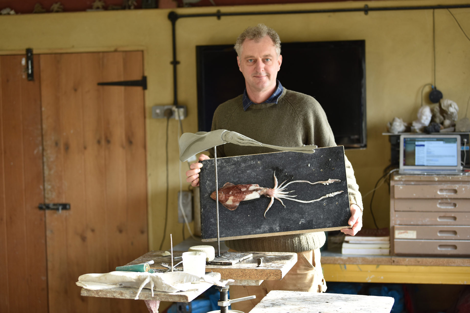 Hamish making squid sculpture