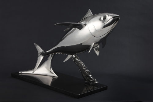 stainless steel sculpture of tuna