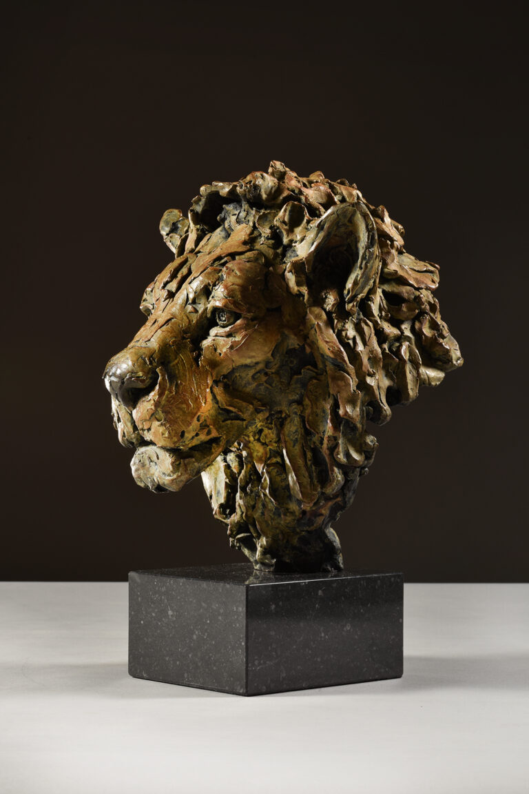 bronze sculpture of lion head