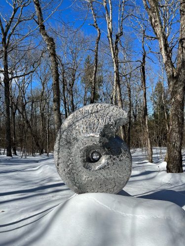 Ammonite sculpture in snow