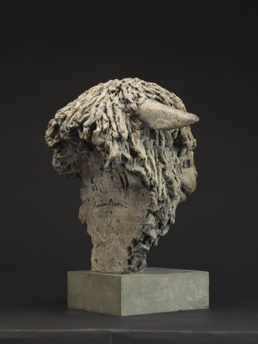 back of cotswold ram head sculpture