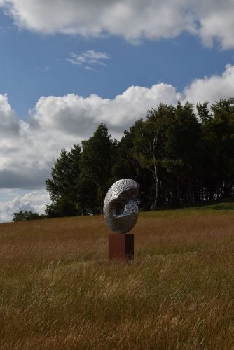 Ammonite sculpture in field