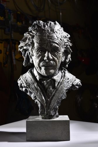 front view of bronze Albert Einstein sculpture