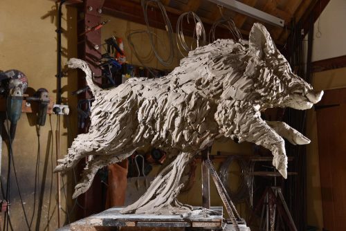 clay model of bronze wild boar sculpture