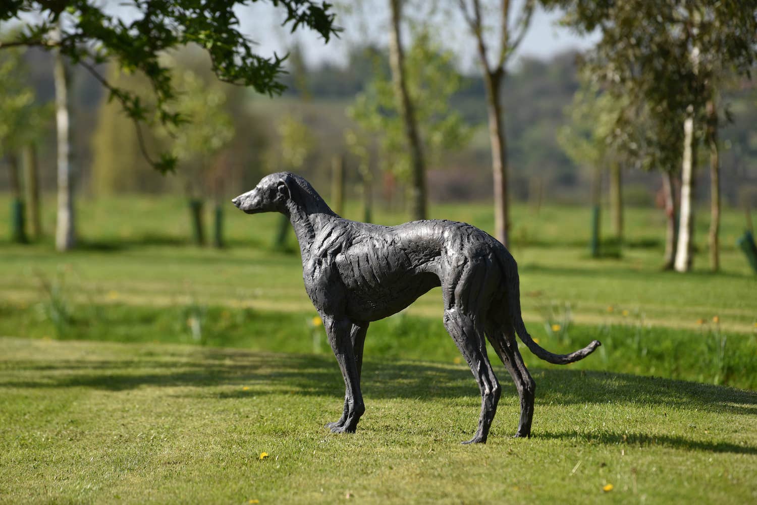 Greyhound sculpture in garden