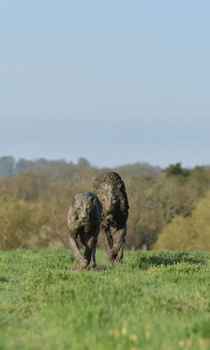 bronze lions in countryside