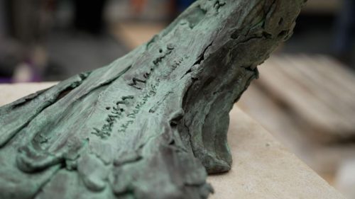 detail of Hamish's signature on swift sculpture