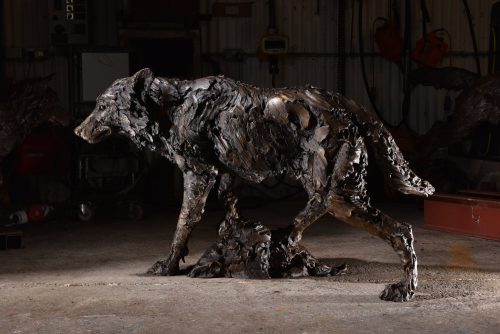bronze wolf sculpture by Hamish Mackie