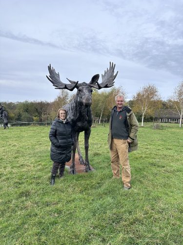 Hamish with Nina Campbell by Life Size Moose sculpture