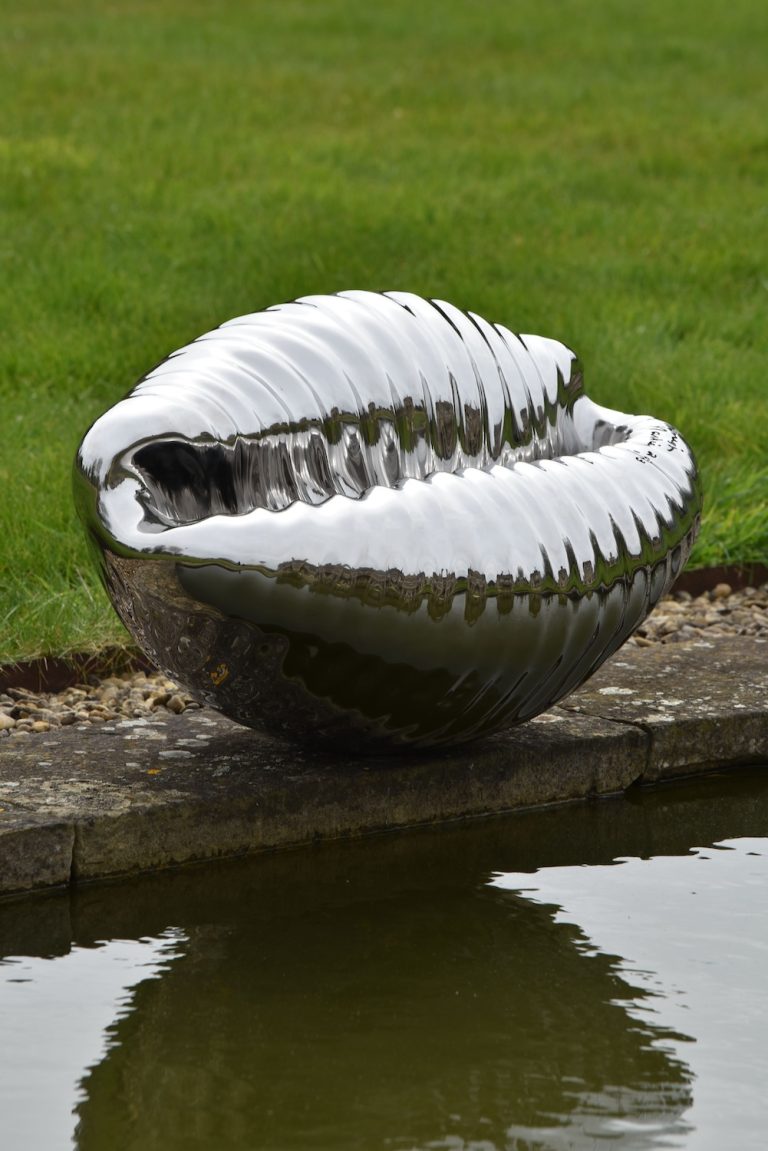 cowrie shell sculpture by water