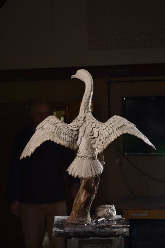 Mackie sculpture of cormorant in clay