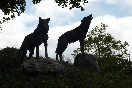 two life size wolf sculptures