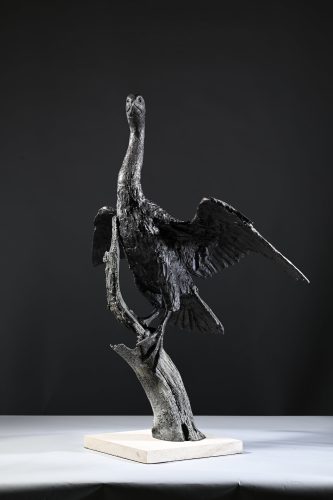 sculpture in bronze of cormorant