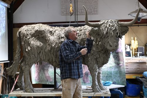 Hamish making sculpture of highland cow