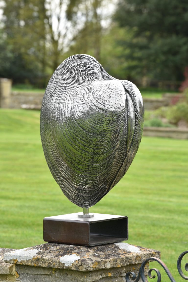 Quahog clam sculpture in stainless steel