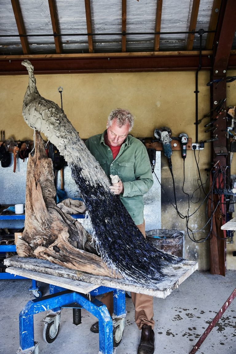 Hamish working on sculpture in Aubin shirt