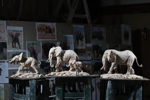 Clay models of elephant sculptures