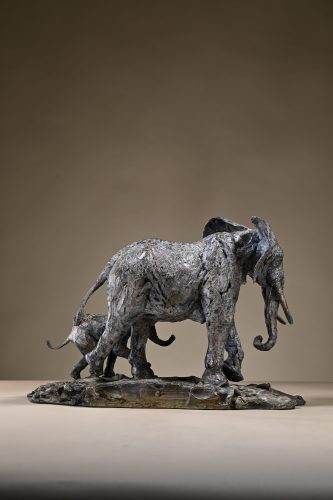 sculpture of elephant mother and calf in bronze