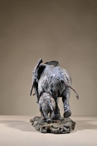 bronze sculpture of elephant mother and her calf