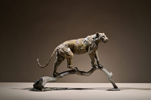 Bronze leopard look out sculpture